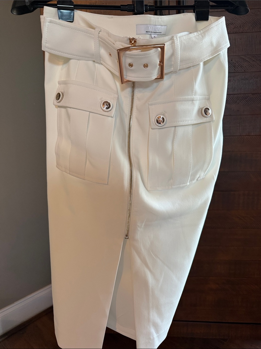 White House Black Market White High-Waist Pencil Skirt with Gold Buckle